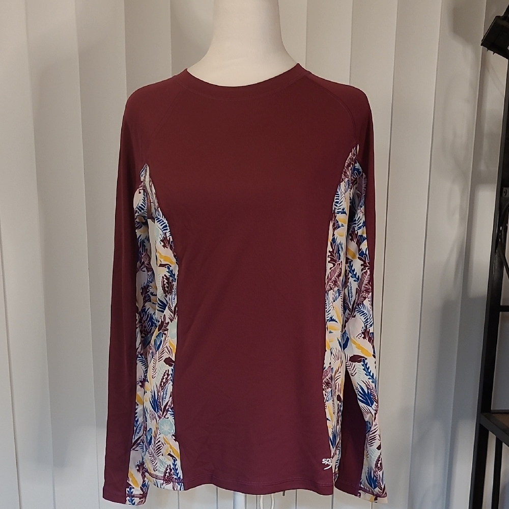 Speedo Women's Burgundy Long Sleeve Top with Floral Accents